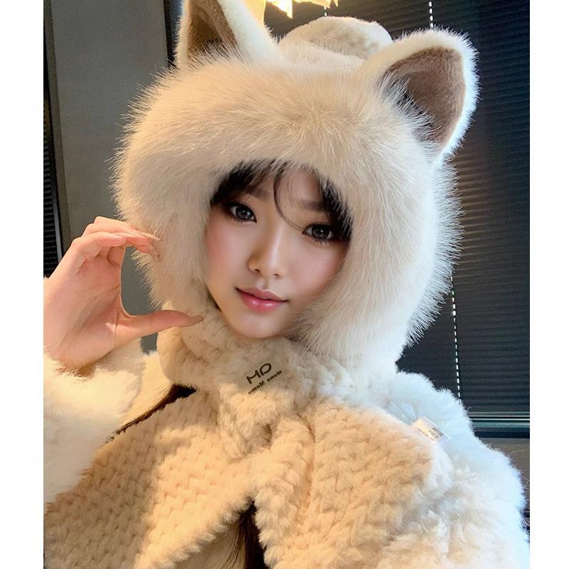 Cute Bear Hat Gloves Three In One Scarf Plush Hat for Women In Winter Riding Easy Outdoor High End Warm Hat
