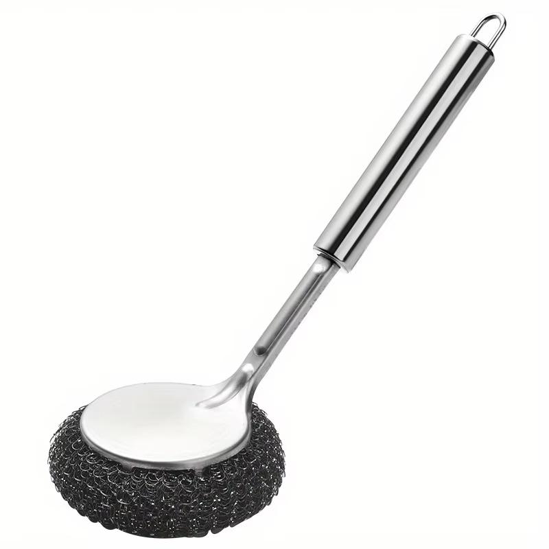 1pc Stainless steel pot with handle long brush kitchen specific washing pot steel wire ball