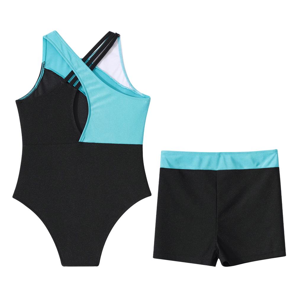 Girls Dance Wear Set Sleeveless Round Neckline Shiny Rhinestone Decorated Contrast Color Leotard and Shorts