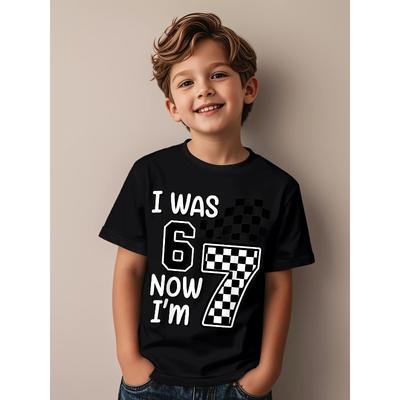 T-shirt d'anniversaire pour garçon - Tailles européennes - « J'avais 6 ans, maintenant j'ai 7 ans » - Tenue à carreaux pour 7 ans, T-shirt décontracté à col rond - Convient pour les cadeaux d'anniversaire