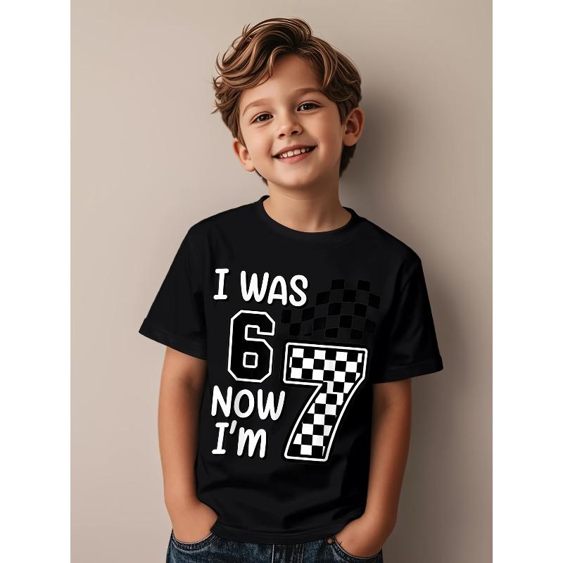 KidsTees Europese maten Jongens T-shirt voor 7e Verjaardag -  Ik was 6 Nu ben ik 7  Geruite Outfit voor 7-jarigen, Casual T-shirt met Ronde Hals Geschikt voor Verjaardagscadeaus 134cm zwart