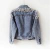 Light Blue Denim Jacket with Pearl and Sequins Embellishments, Classic Collar and Metal Buttons
