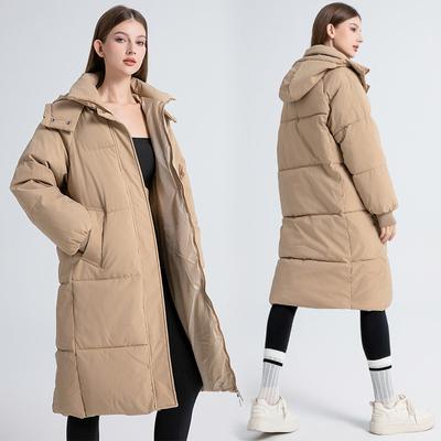 Long Puffer Coat Women Knee-Length Thick Winter Cotton Jacket Loose Fit Solid Color Hooded Casual Warm Outerwear
