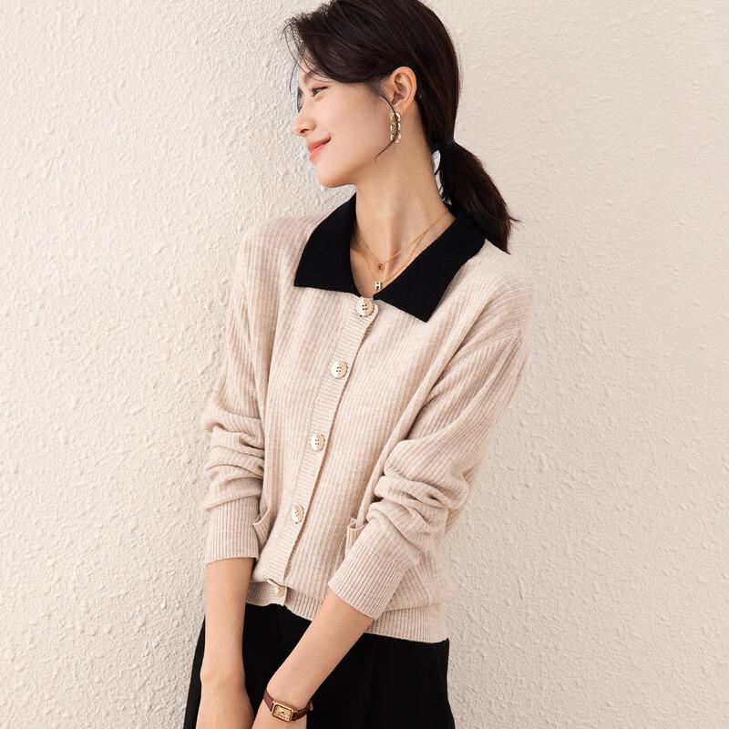 

TUHUANG Women s Thick Pure Wool Color-Block Lapel Pocket Sweater XL