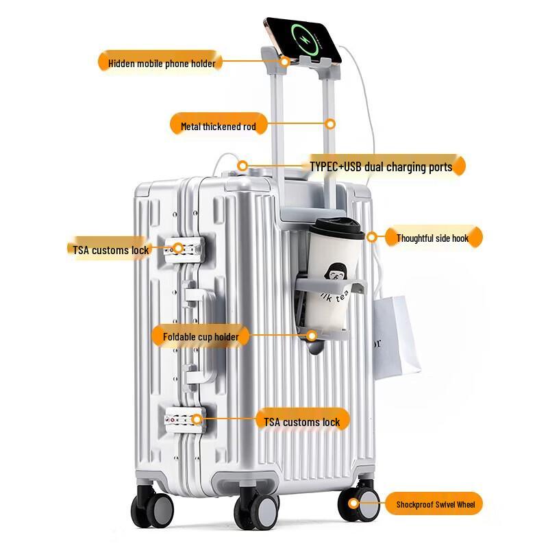 TOBOOG Aluminum Frame Luggage with USB & Cup Holder