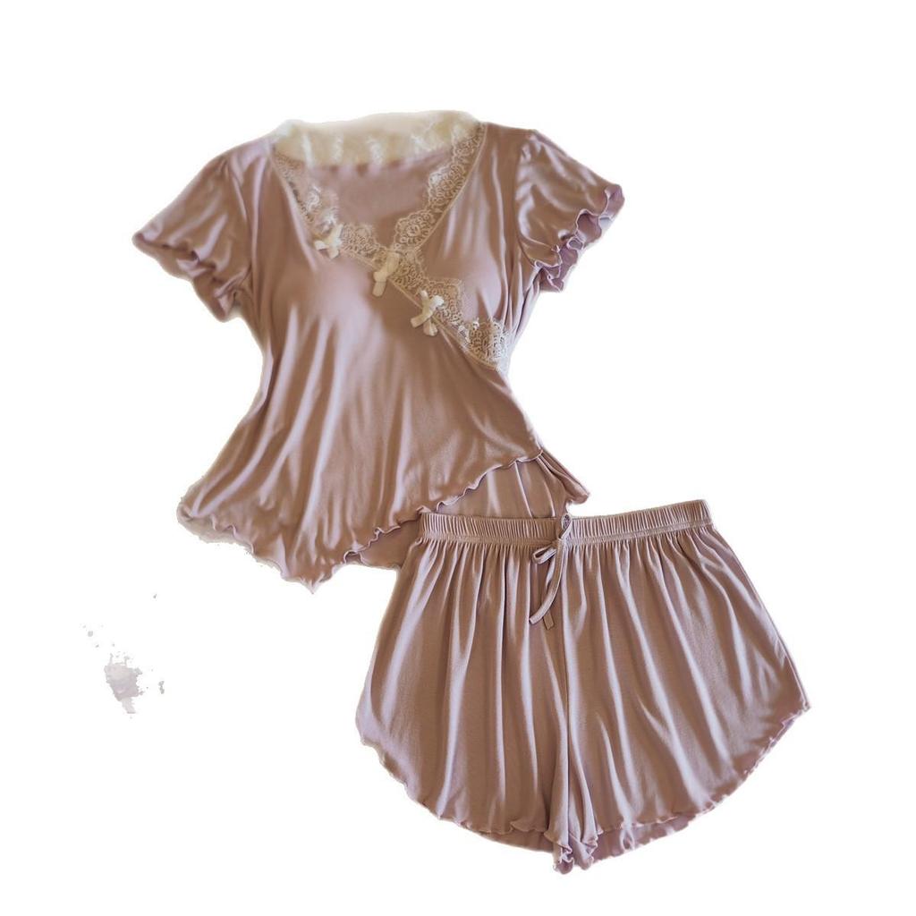 Women's Modal Pajama Set: Short-Sleeved with Built-in Bra, Includes Shorts and Long Pants for Spring/Summer