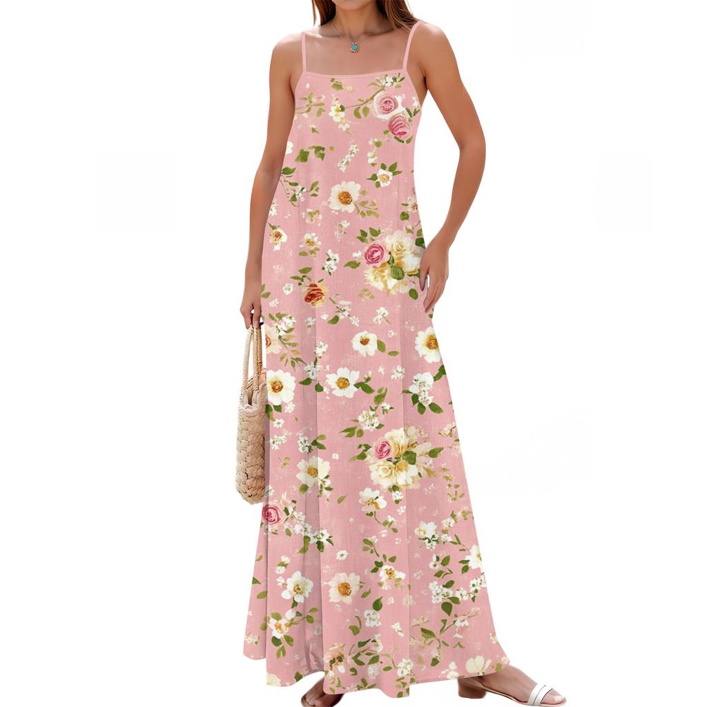 Women's Spring And Summer Casual Fashion Adjustable Suspenders Printed Long Dress