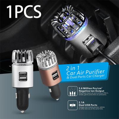 2 In 1 Car Air Purifier Ionizer with Dual USB Charger Quiet Cleaner