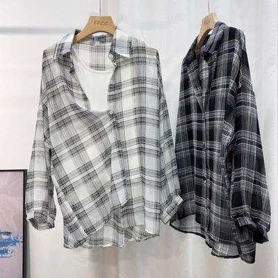 Koszula damska w kratę na lato Design Sense Loose Drape z szyfonu Koszula z filtrem przeciwsłonecznym Top