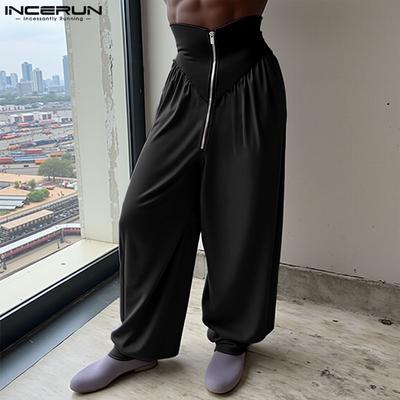 Men High Waist Zip-up Solid Color Casual Long Trousers Straight Pants