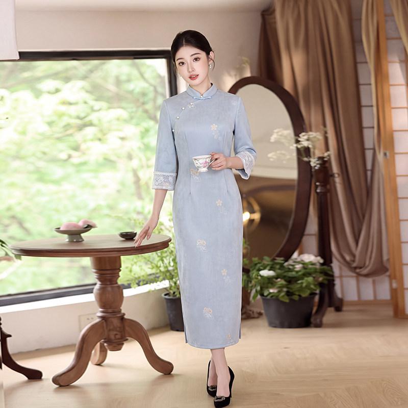 Blue Guofeng New Chinese Suzhou Long Sleeve Autumn Improved Cheongsam Seven-quarter Sleeve 1011 New Young Women's Spring and Autumn