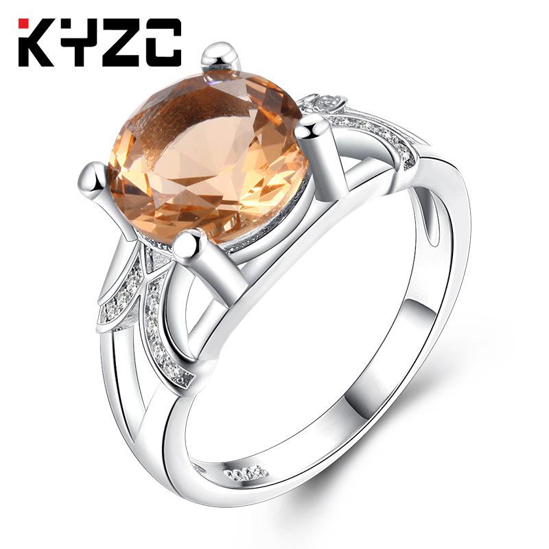 Popular Micro Zircon Champagne Crystal Round Ring With 925 Silver Plated White Gold Ring Jewelry