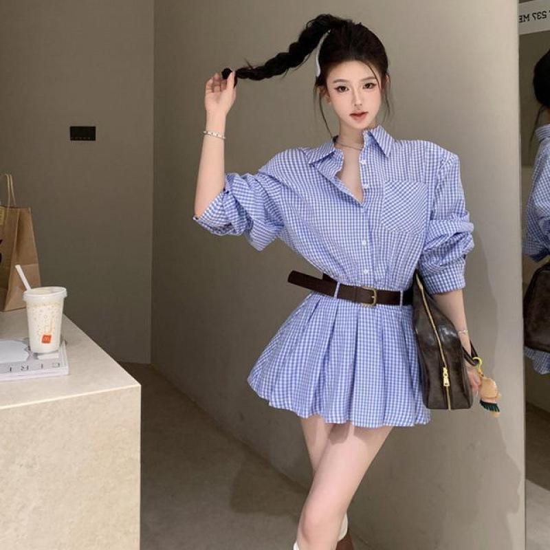 Women's Preppy Plaid Shirt Dress: Blue & White, Long Sleeve, Padded Shoulder, A-line, High Waist, Pleated, Early Autumn