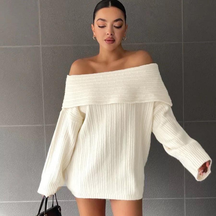 

Women s Sexy Long Sleeve Knit Sweater Autumn New Style Off-Shoulder Knitwear S белый