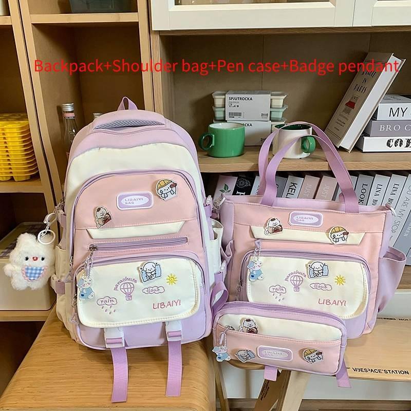 Color Blocked Embroidery Student Backpack Shoulder Bag Pencil Case Set For Casual Summer Wear