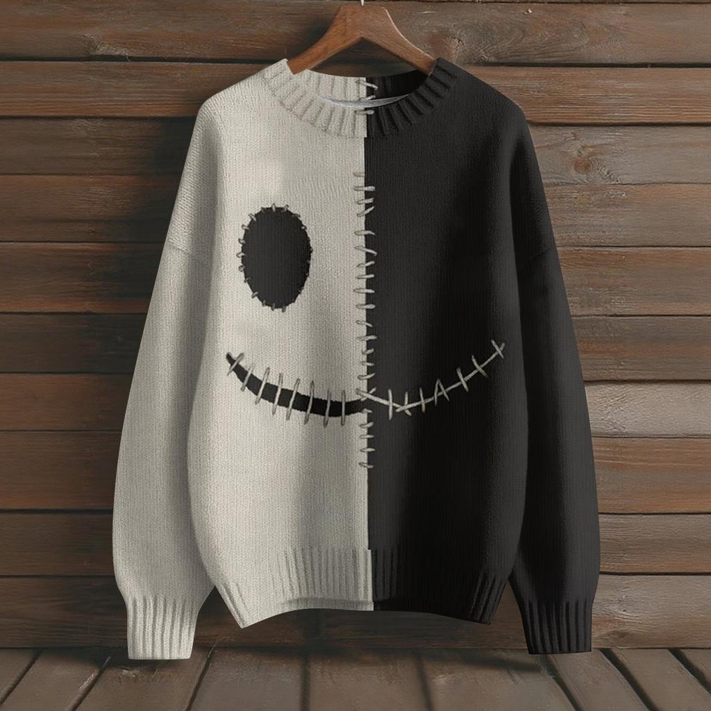 Men's Long Sleeve Pullover Sweater Casual Halloween Print Knit Oversized Sweater