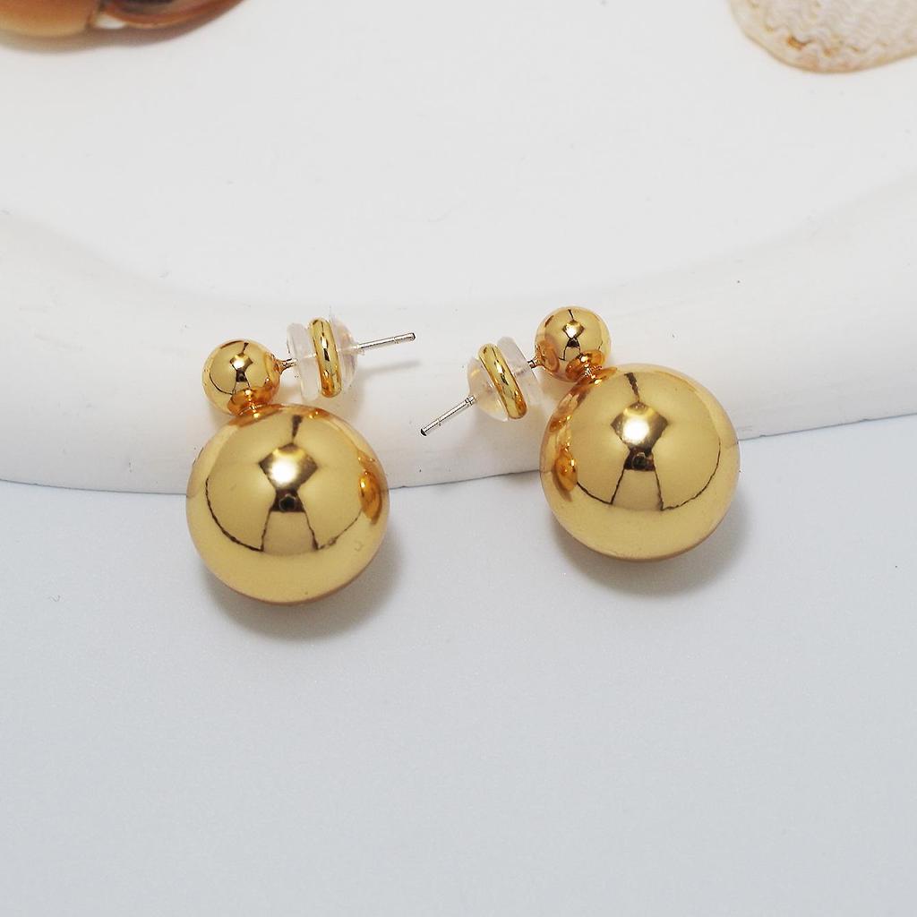 Korean Dongdaemun 18K Gold-Plated S925 Silver Round Ball Stud Earrings - Minimalist Women's Design