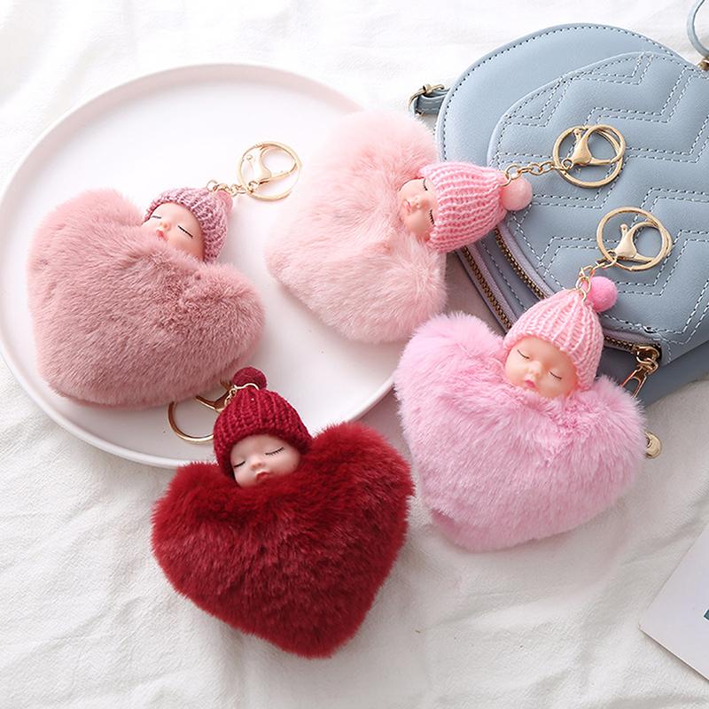 Plüsch Pfirsich Herz Pompon Schlafendes Baby Puppe Schlüsselanhänger Schlüsselanhänger Halter Tasche Für Frauen Mädchen Mode Schmuck Geschenk Charmante Dekoration
