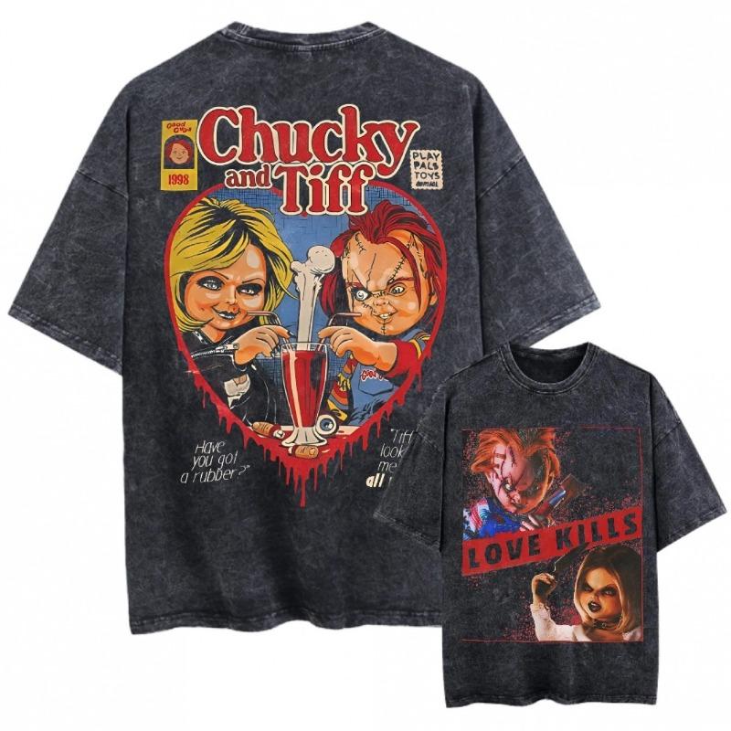 Camiseta Preta Oversized Lavada Vintage Unissex Manga Curta Camisetas Gráficas Homens Mulheres Roupas Chucky E Tiffany Amor Mata Chucky