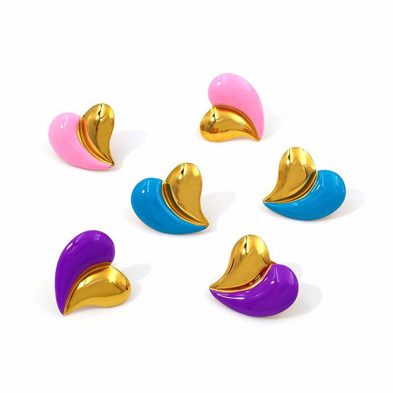 18K Gold Plated Titanium Steel Heart Stud Earrings - Color Block Design, Light Luxury Women's Jewelry.