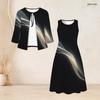 Women Plus Size Black Gold Printed Two Piece Set Bow Tie Neck Three Quarter Sleeve Cardigan Sleeveless Long Dress