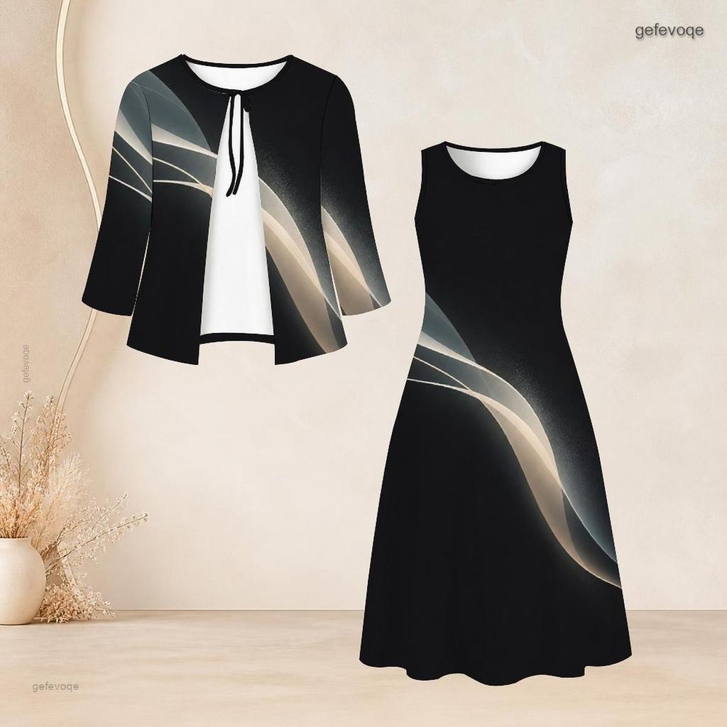 Women Plus Size Black Gold Printed Two Piece Set Bow Tie Neck Three Quarter Sleeve Cardigan Sleeveless Long Dress