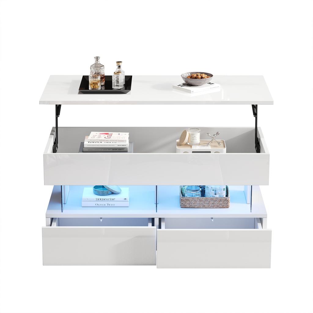 Tavolino Sollevabile 100 x 50 x 46 cm con Piano Regolabile in Altezza, Tavolino Laterale Bianco ad Alta Lucentezza con LED e 2 Cassetti, MDF + Acrilico