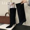 Fashion Liyke Autumn Winter Thin Kittens Heels Knee High Boots Women Punk Vintage Pointed Toe Runway Catwalk Shoes Long Booties Size 40