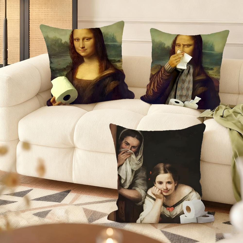 Mona Lisa Wearing Pearls Girl Cushion Cover Soft Short Plush Pillow Cover Smooth Cozy Texture Aesthetic Cushion Case Home Decor