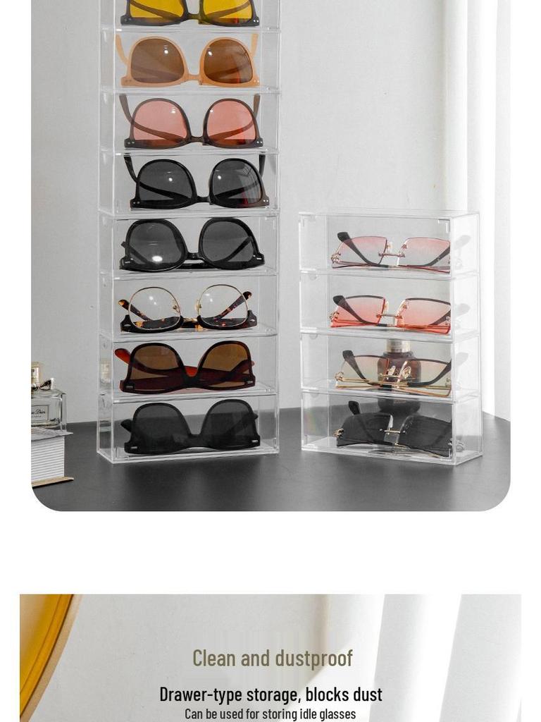 Desktop Eyeglasses & Sunglasses Storage Box - Transparent Divided Drawer Organizer for Cosmetics, Lipstick, and Contact Lenses.