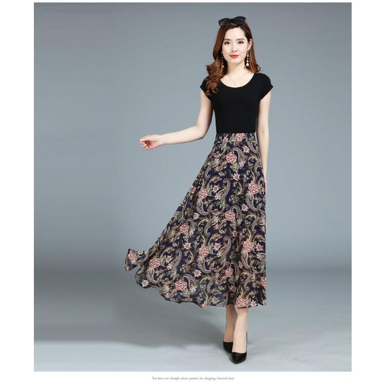 Summer Women's A-line Skirt Chiffon Half Skirt High Waist Printed Large Swing Skirt Floral Mid Length Long Skirt