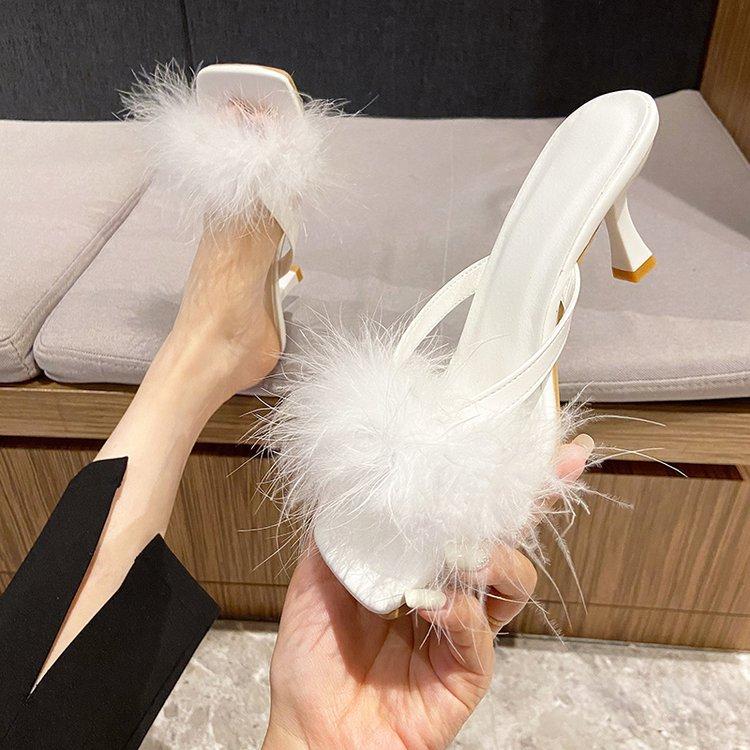 High Heels Women's Summer Hairy High-heeled Sandals Slippers Wear Stiletto High Heels Card Finger Foreign Sandals Versatile Pure Desire