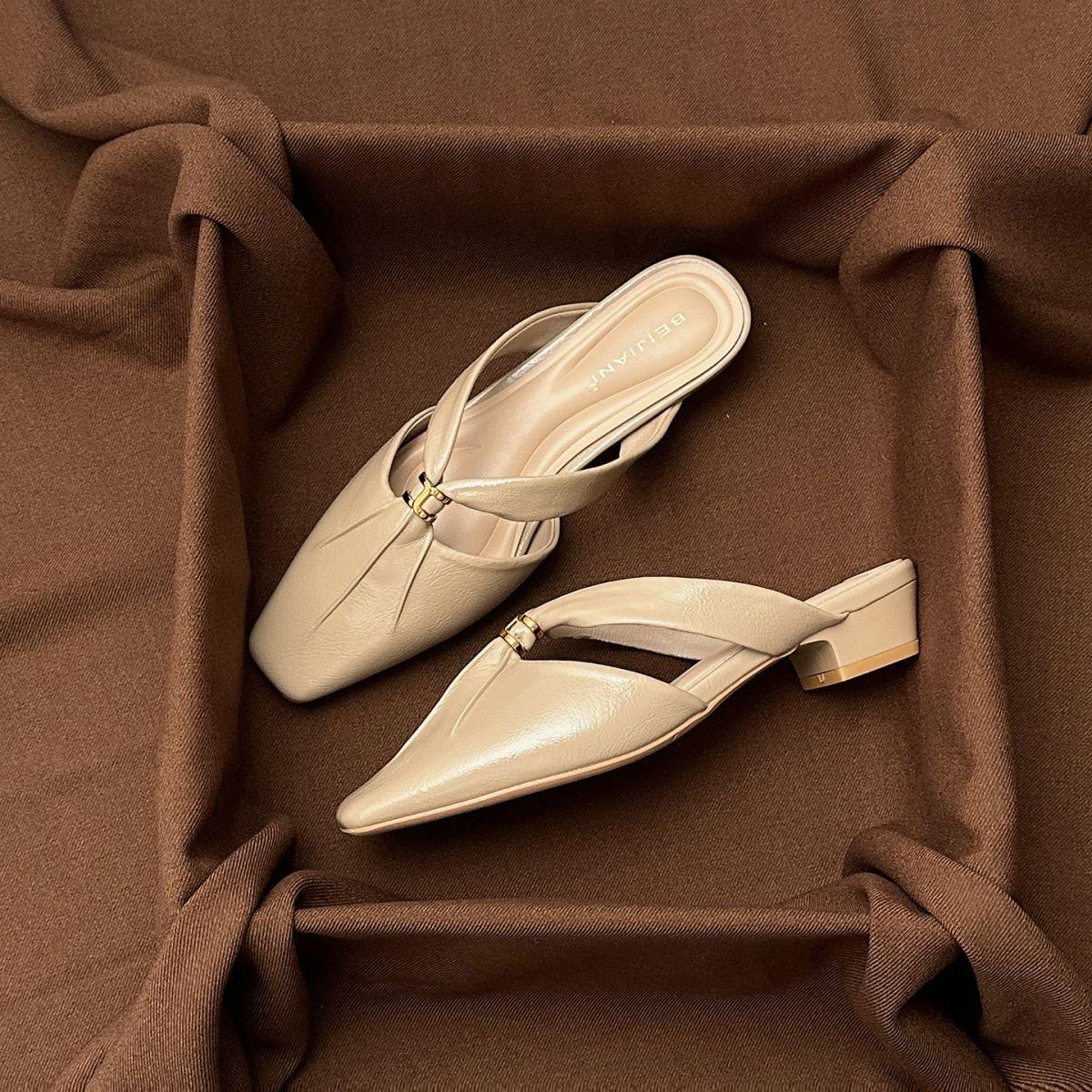 

Square head half-drag Muller shoes low heel 2025 summer new super foreign style square head beige outside wearing cool slippers women 40 хаки