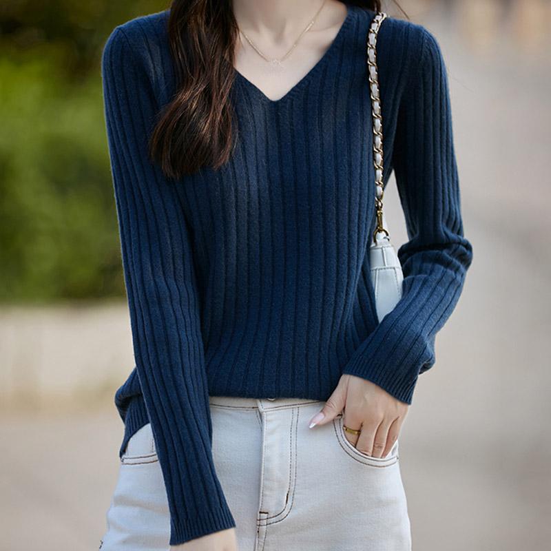 Женские свитера, пуловеры 2025 Осень-Зима Длинный рукав V-образный вырез Черный вязаный свитер Женские топы, пуловер JJ122 One Size синий