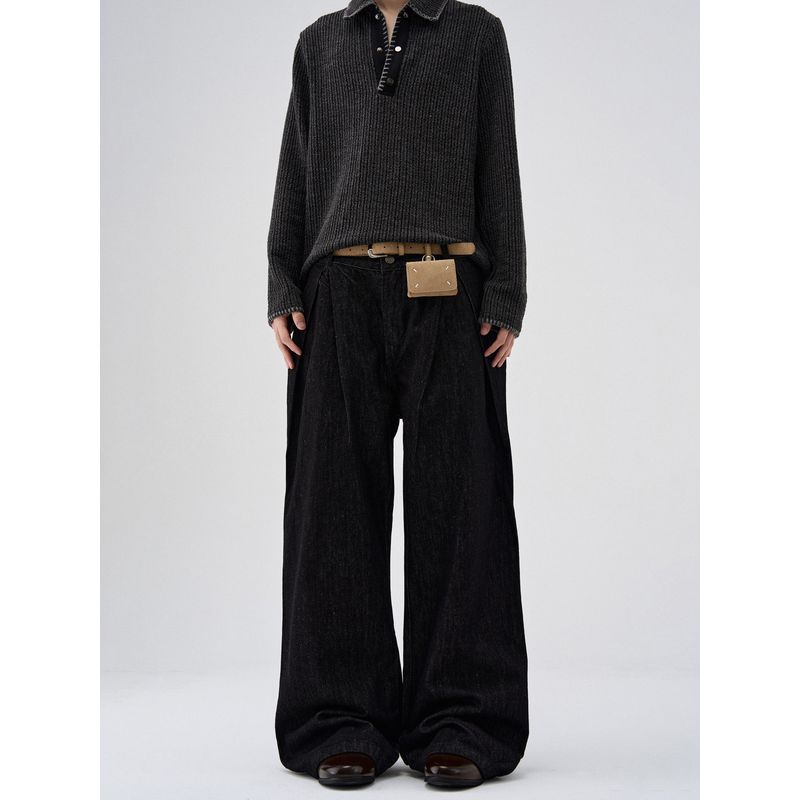 Kisko American Retro Pleated Wide-Leg Baggy Washed Denim Pants for Men and Women, High-End Loose Drape Pants Trendy