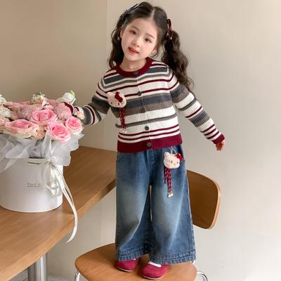 Girls' Korean Striped Cardigan & Baby Jeans Autumn Set 2025