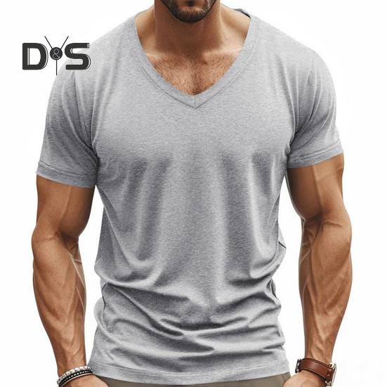 Herren Sommer T-Shirt Kurzarm V-Ausschnitt Einfarbig Schnelltrocknend Locker Pullover Mittellanges Oberteil für Sport Büro Dating