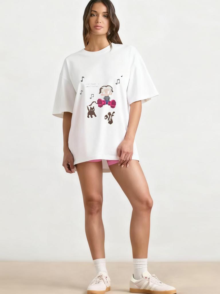 Oversized T Shirt Black Pixel Art Cartoon Character Music Notes Keep True To One Dream Print Casual Streetwear Women's Top
