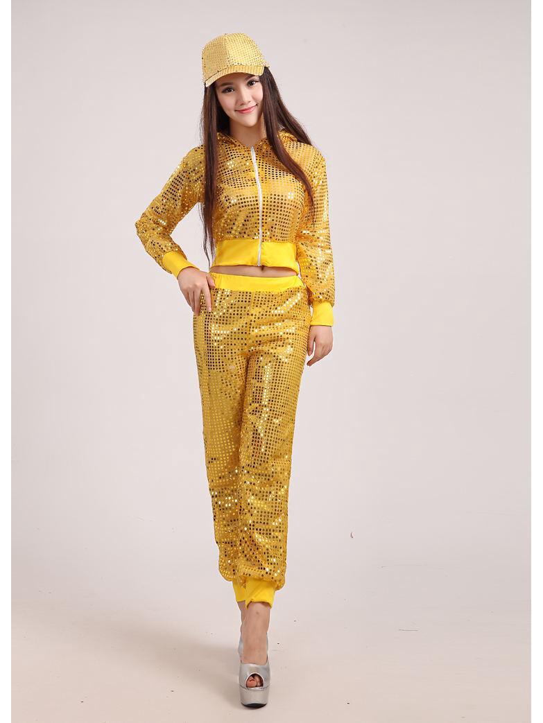 

Женские костюмы для выступлений: Костюмы для взрослых в стиле джаз, модерн, стрит и хип-хоп, расшитые блестками Large жёлтый