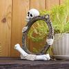 Vintage Skeleton Mirror Frame Statue Gothic Halloween Skull Hold Mirror Figurine Resin Skeleton Sculpture for Shelf Mantel Home Office Decor