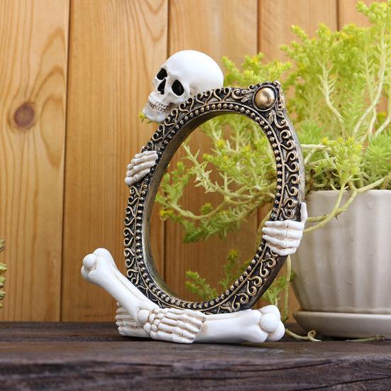Vintage Skeleton Mirror Frame Statue Gothic Halloween Skull Hold Mirror Figurine Resin Skeleton Sculpture for Shelf Mantel Home Office Decor