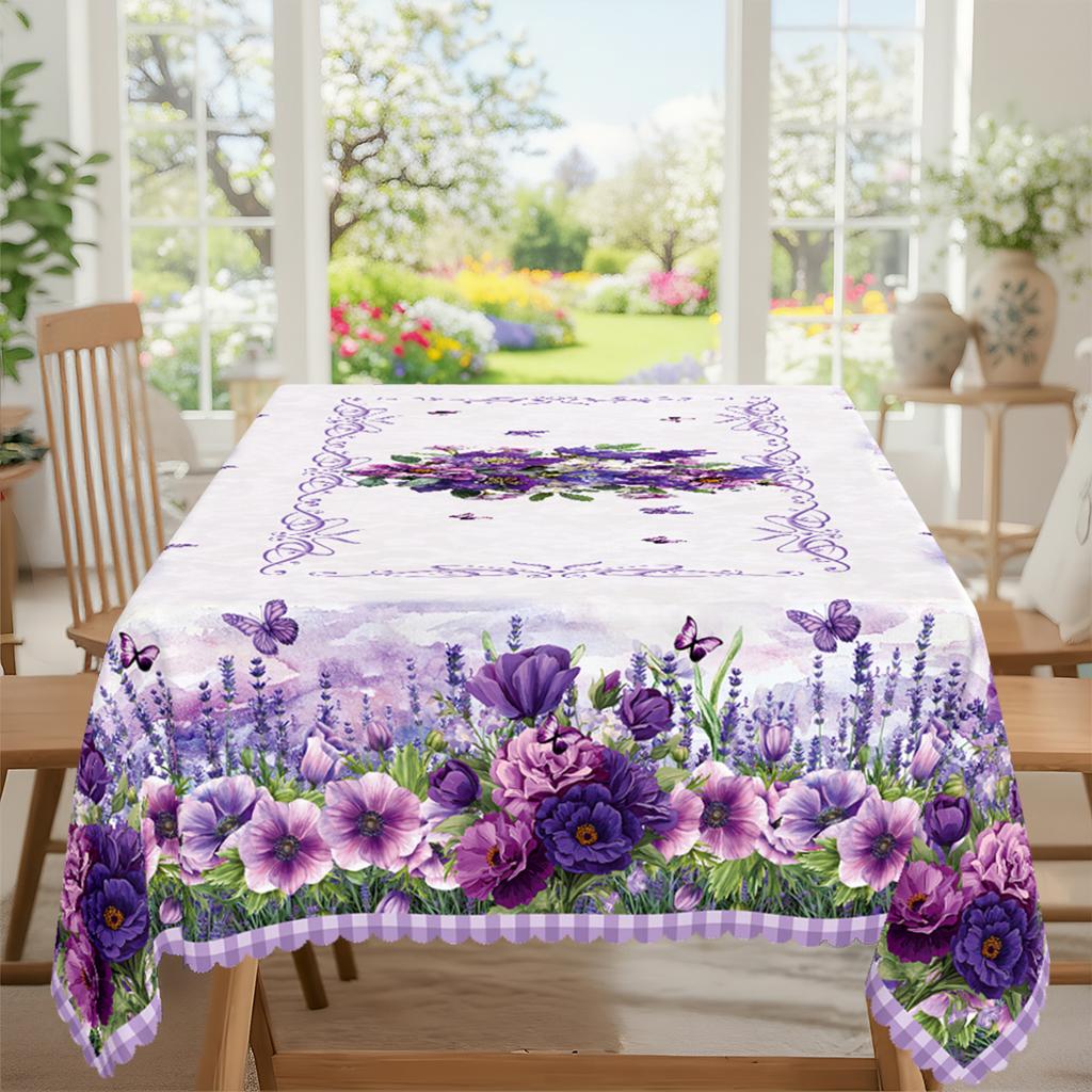 Lavender Peony Floral Printed Tablecloth Wedding Decorations Spring Summer Themed Flowers Plaid Dining Table Cloth Party Decor
