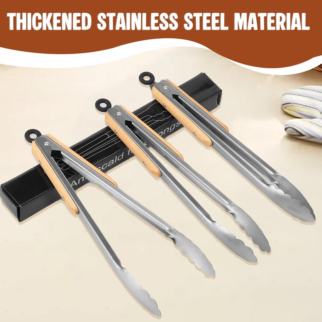 3 Pcs Kitchen Tongs Stainless Steel Food Tong 9/12/14inch Non-stick Cooking Tongs Wooden Grill Clip for Home Kitchen Accessories