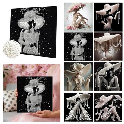 Kit de Pintura com Pérolas DIY para Adultos Iniciantes Designs de Dama Elegante Kit de Artesanato de Arte com Pérolas Pérolas Falsas Tela Pré-Impressa Moldura Incluída para Decoração de Casa
