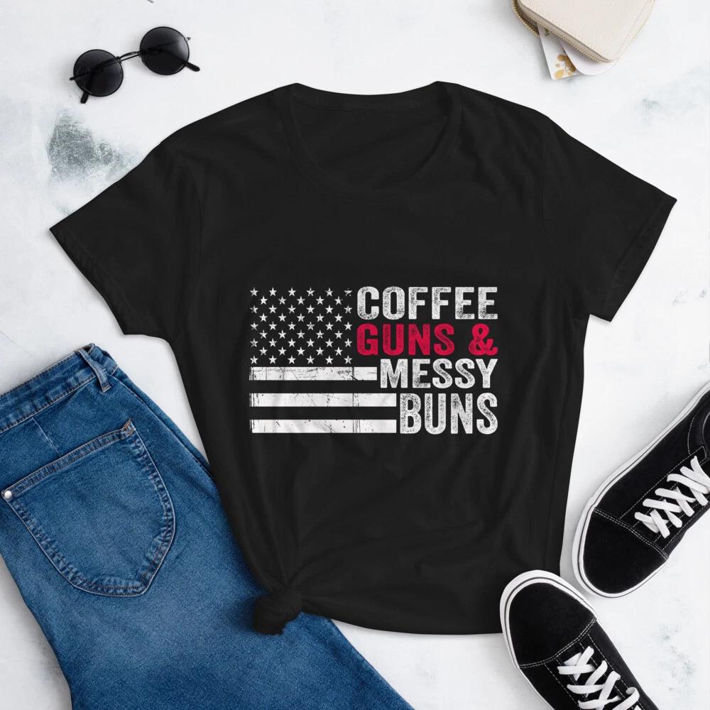 Coffee Guns Messy Buns USA Flag Printed Mens Short Sleeve Cotton Black T-shirt 2XL