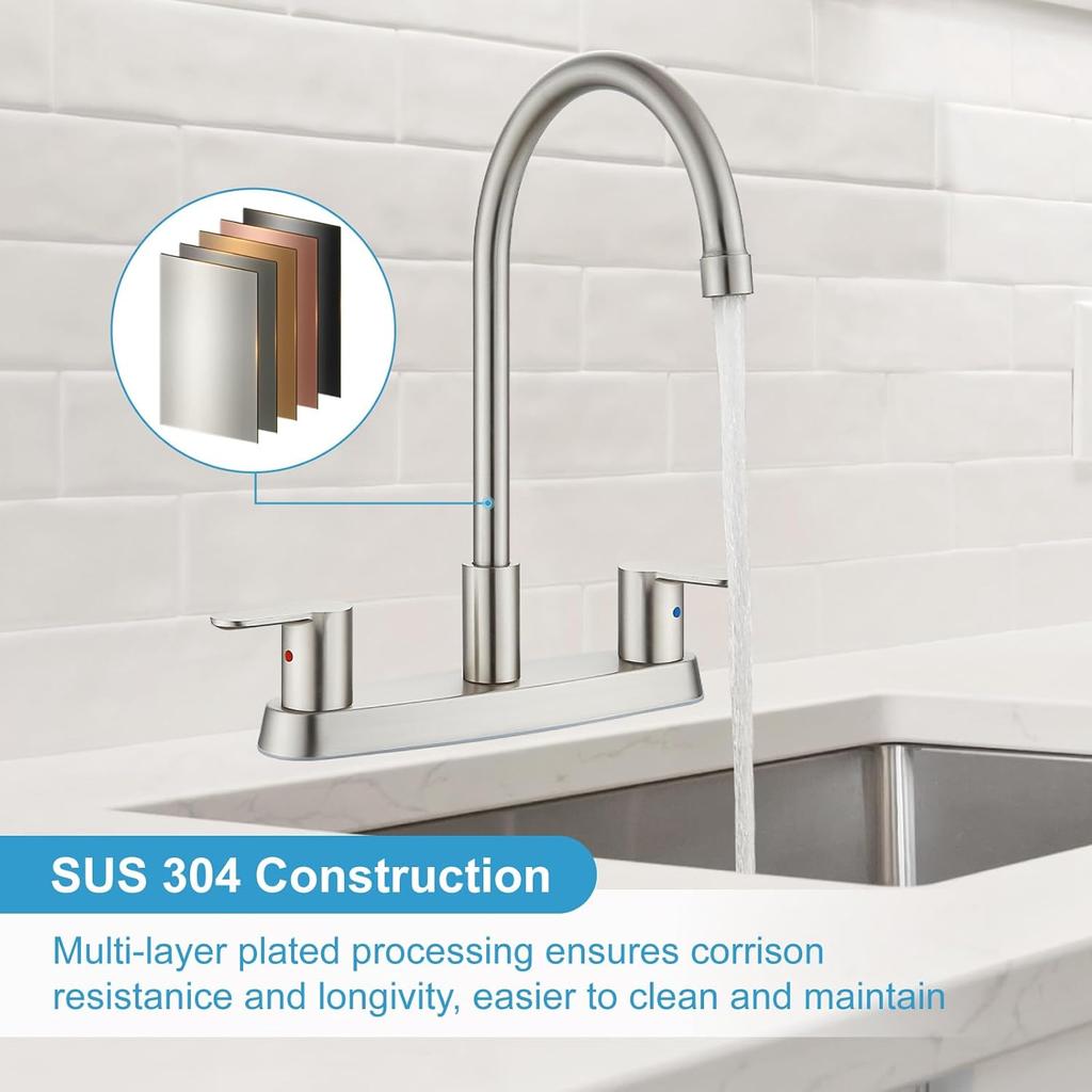 8 Inch Centerset Kitchen Faucet for Sink 3 Hole Dual Handle Kitchen Sink Faucets High Arc 360 Degree Rotating Spout with Supply Lines, Brushed