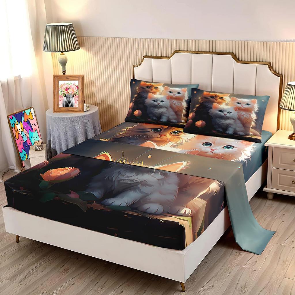 Cute cartoon cat family pattern mattress four-piece bedding set bedroom dormitory bedding set