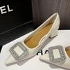 2025 New Metal Crystal Splice Women Pumps Kitten Thick Heel Elegant Party Ladies Shoes Zapatos De Mujer
