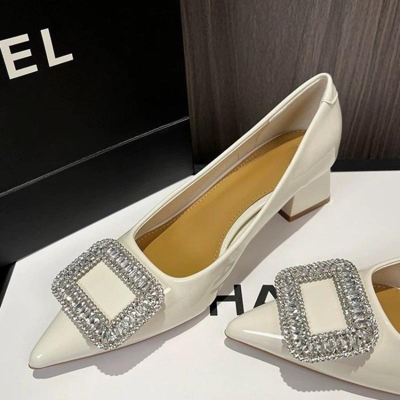 2025 New Metal Crystal Splice Women Pumps Kitten Thick Heel Elegant Party Ladies Shoes Zapatos De Mujer