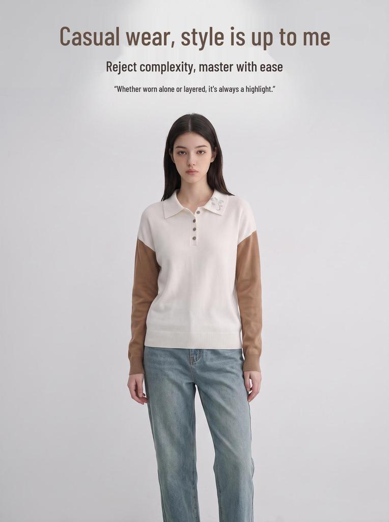 MU Women's Color Block Polo Neck Embroidery Knit Sweater - Long Sleeve, Autumn/Winter, Simple & Elegant.